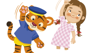 rysunek, dziewczynka i pluszowy tygrysek stoją machając ręką